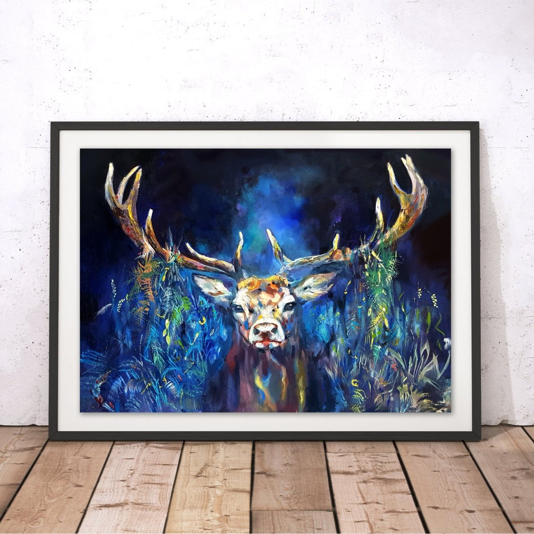 Blue Grazing Stag Original Print - Sue Gardner - Wraptious