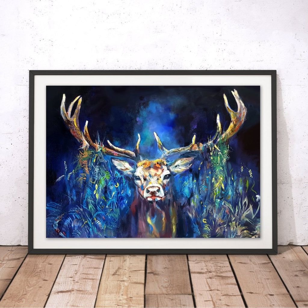 Blue Grazing Stag Original Print - Sue Gardner - Wraptious