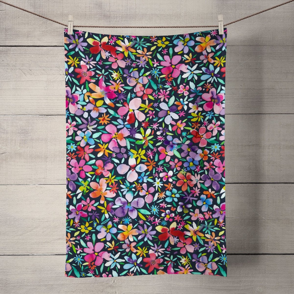 Colourful Flower Petals Navy Tea Towel - Ninola Design - Wraptious