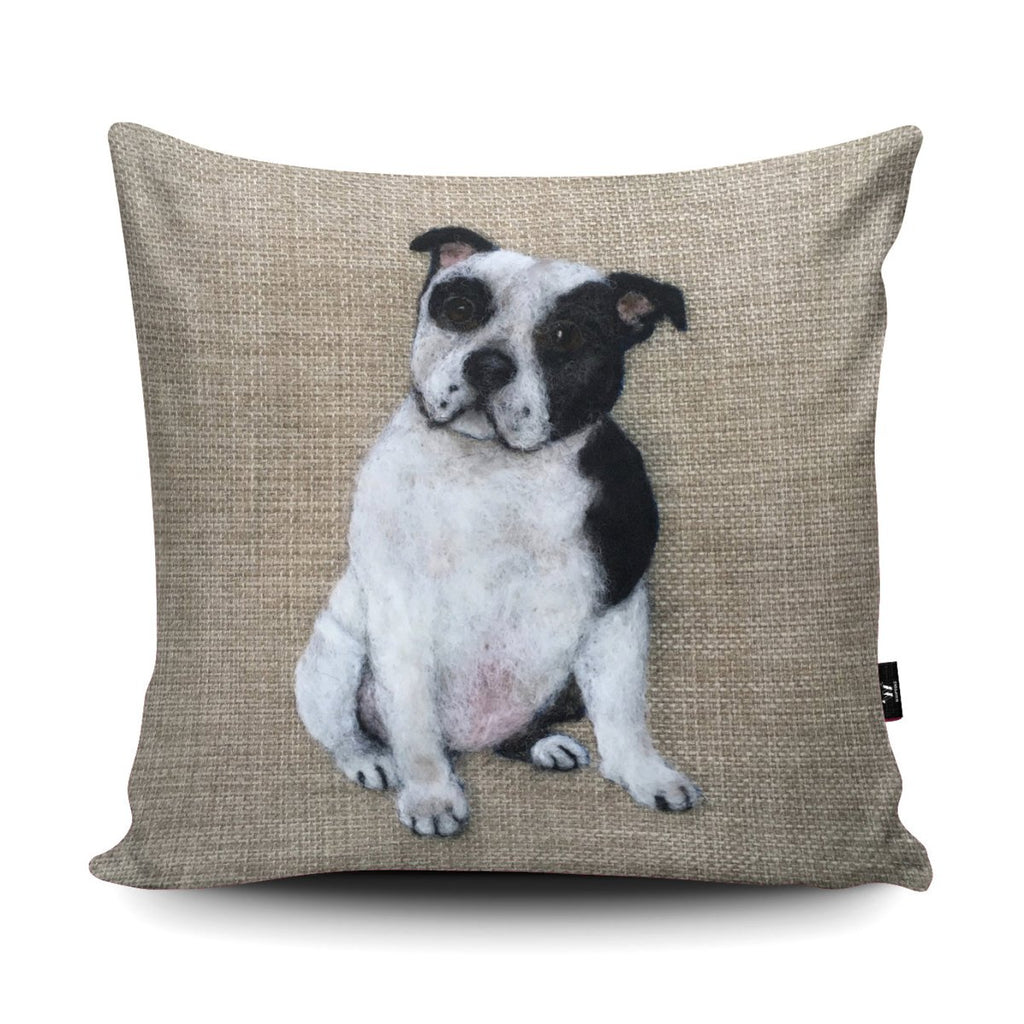 Staffordshire Bull Terrier Black White Cushion - Sharon Salt - Wraptious