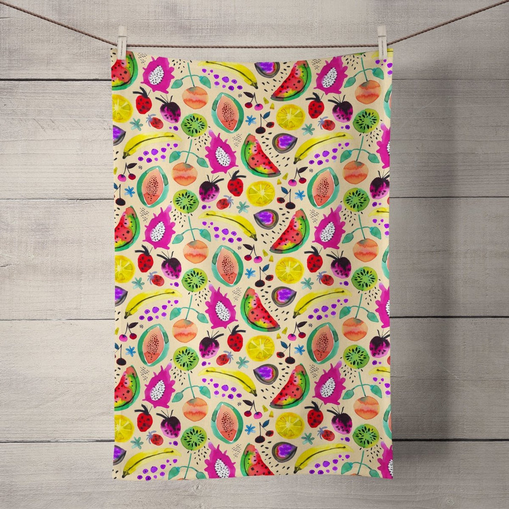Tropical Fruits Yellow Tea Towel - Ninola Design - Wraptious